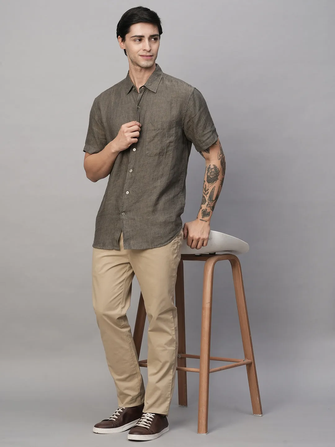 Men's Olive 100% Linen Regular Fit Shirt