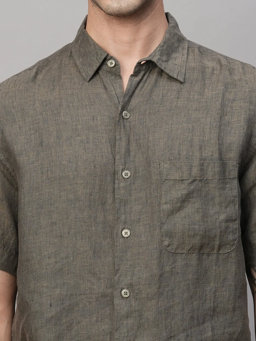 Men's Olive 100% Linen Regular Fit Shirt