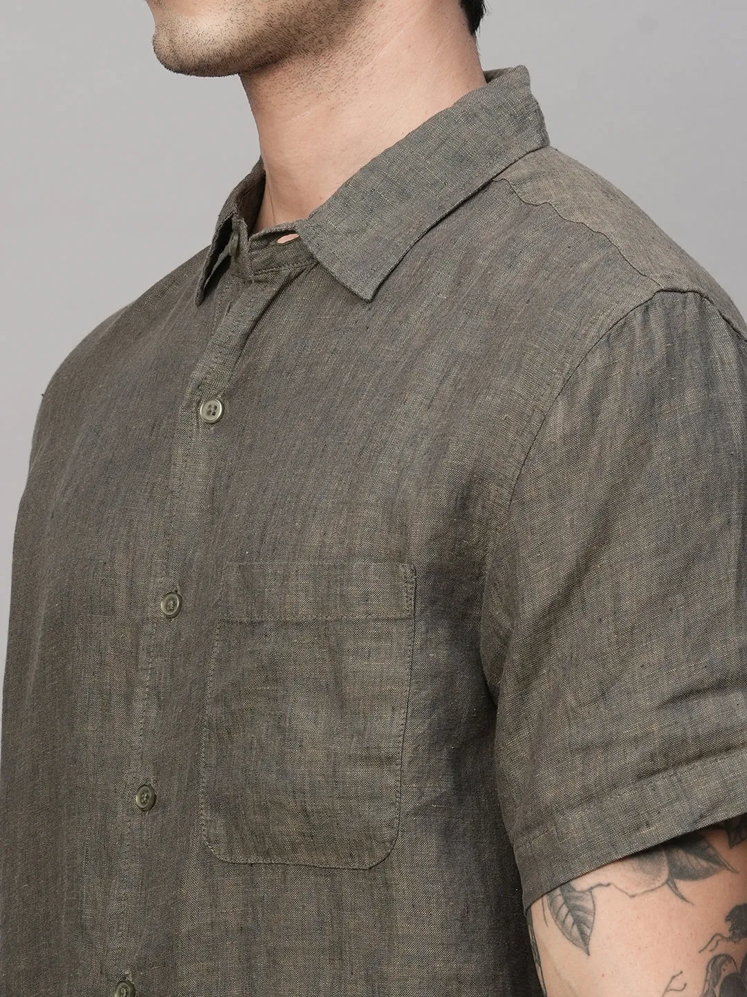 Men's Olive 100% Linen Regular Fit Shirt