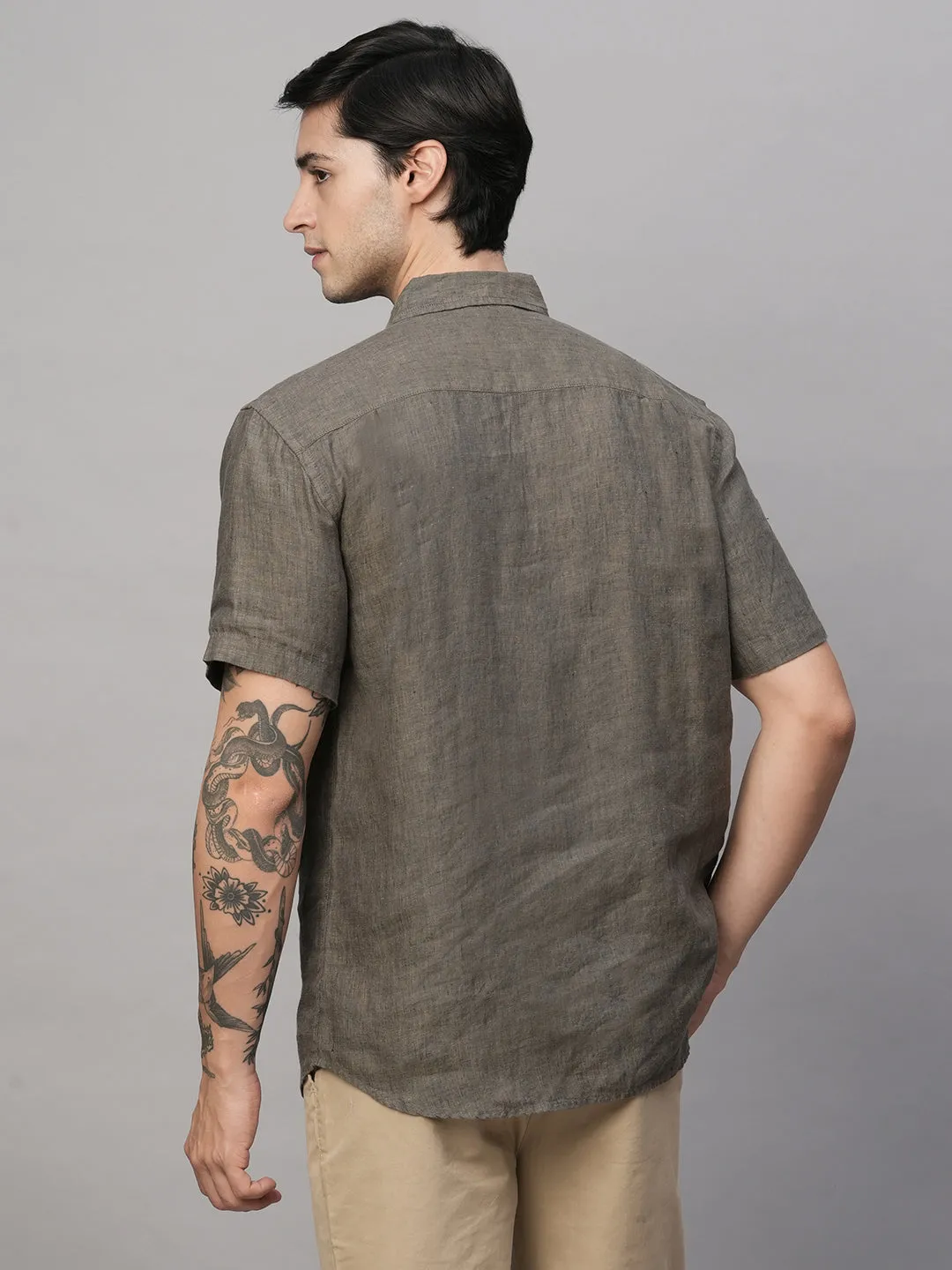 Men's Olive 100% Linen Regular Fit Shirt