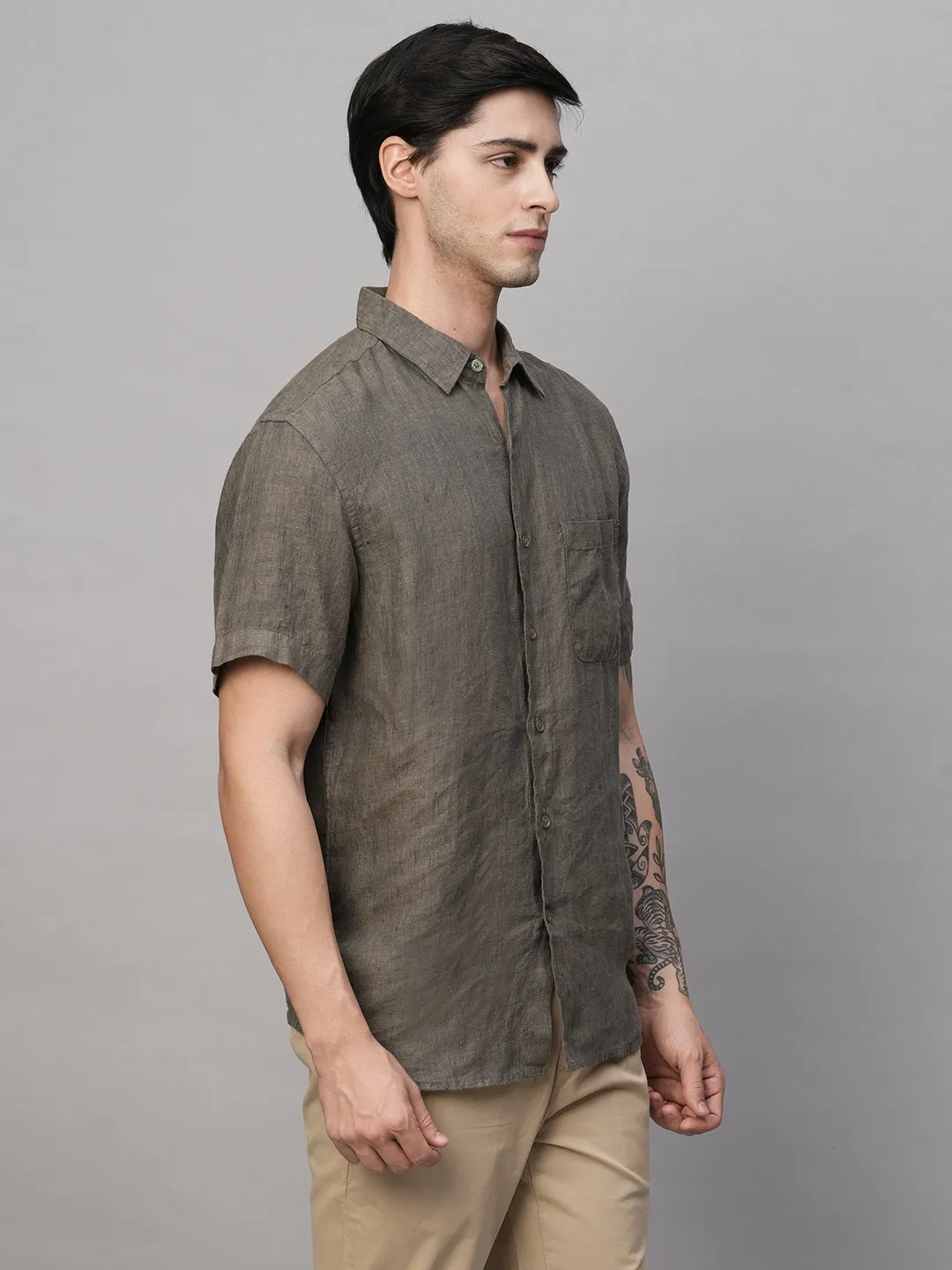 Men's Olive 100% Linen Regular Fit Shirt