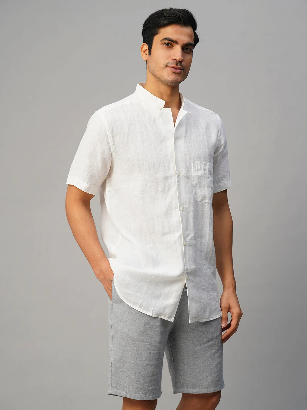 Men's White 100% Linen Regular Fit Shirt