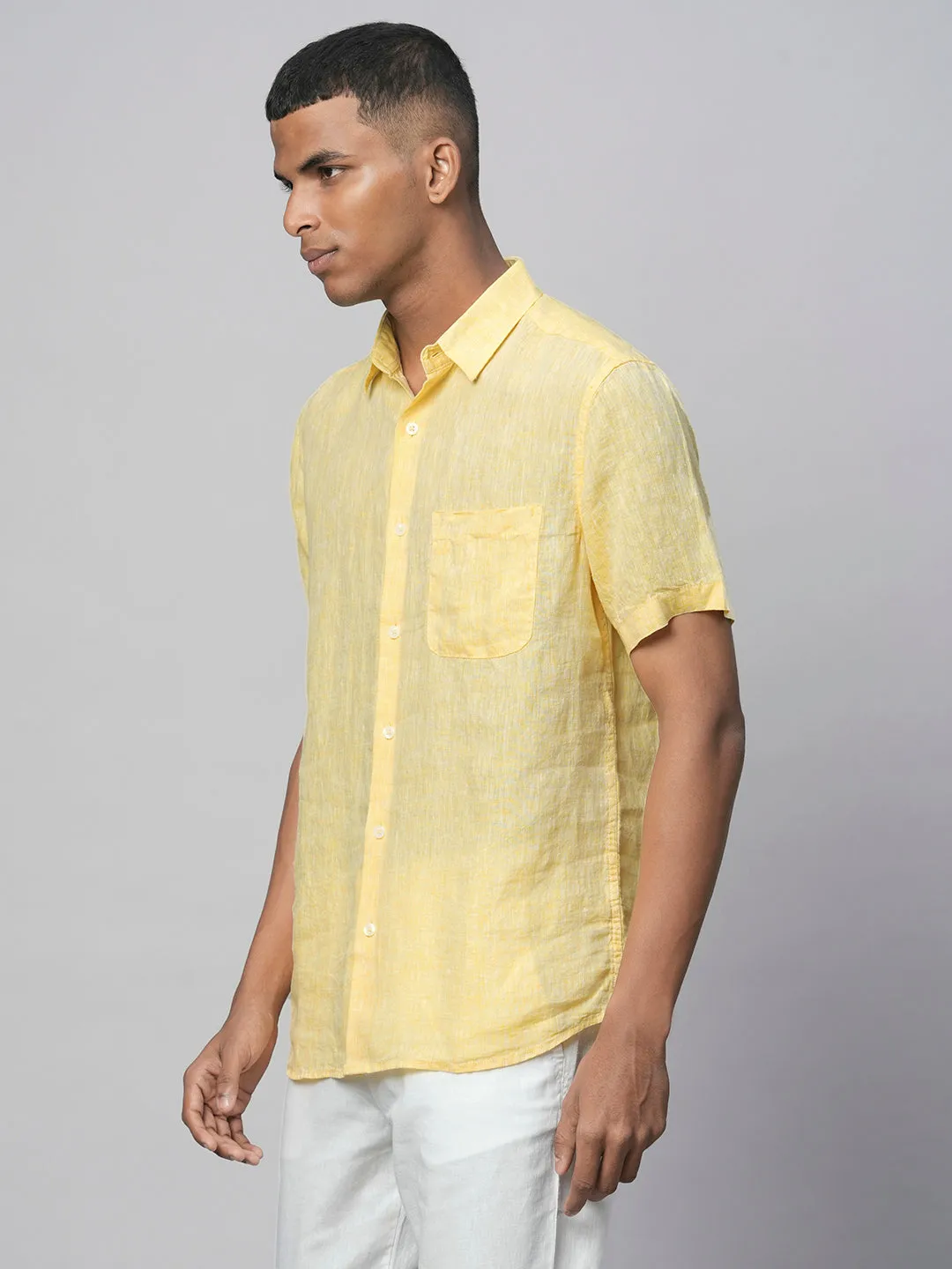 Men's Yellow 100% Linen Regular Fit Short Sleeved Shirt