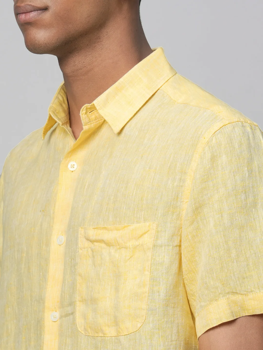 Men's Yellow 100% Linen Regular Fit Short Sleeved Shirt