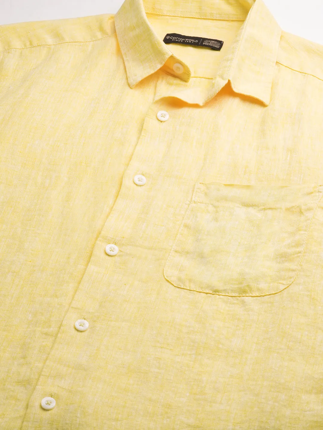 Men's Yellow 100% Linen Regular Fit Short Sleeved Shirt