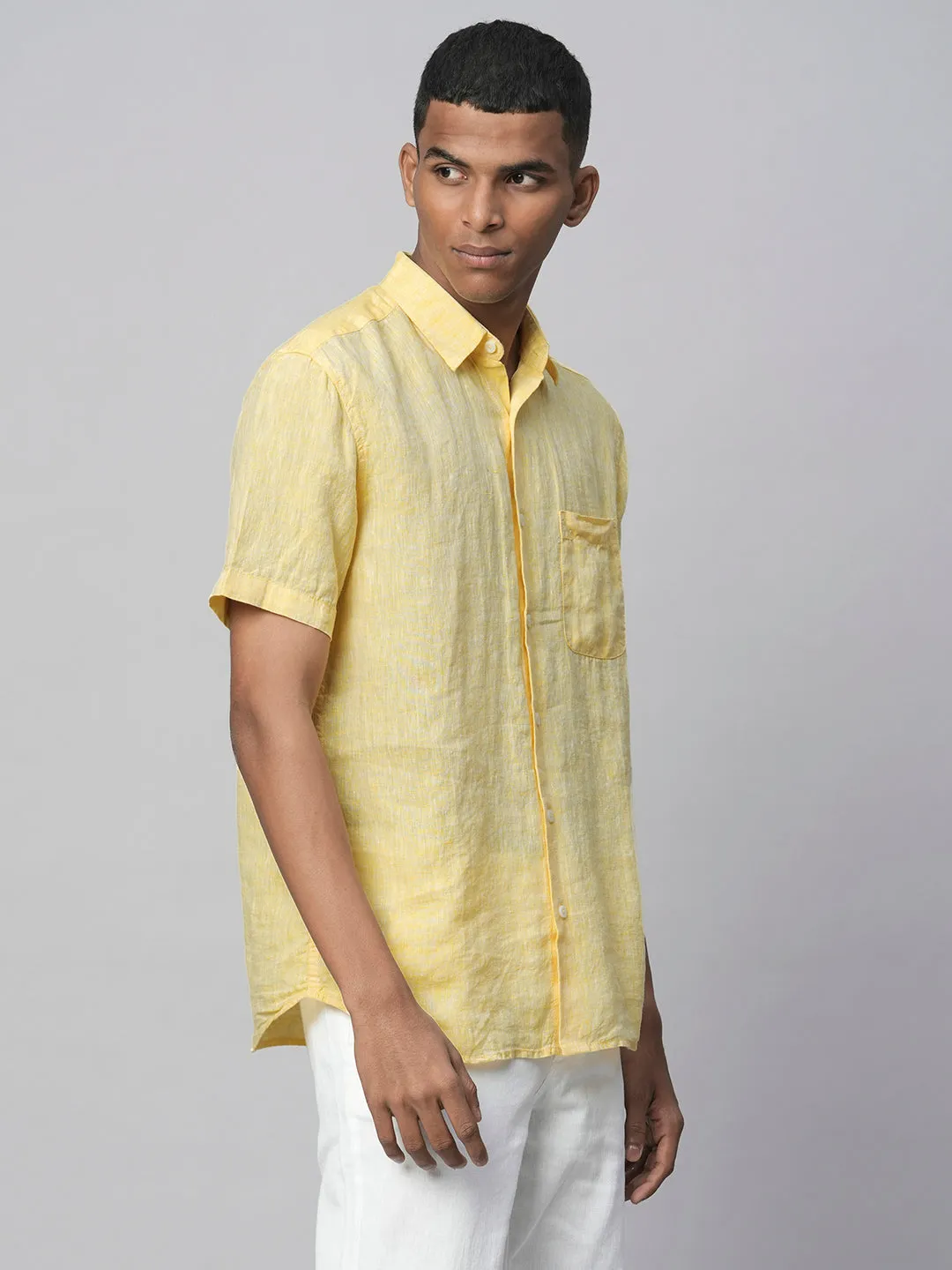 Men's Yellow 100% Linen Regular Fit Short Sleeved Shirt