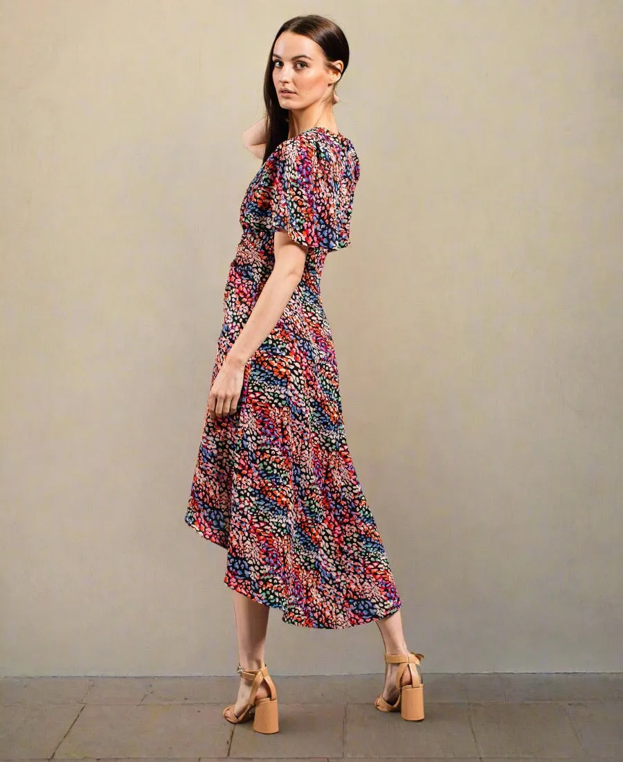 Multi-Coloured Animal Ruche Midi Dress