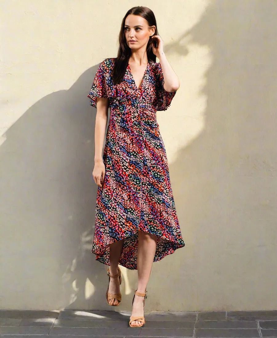 Multi-Coloured Animal Ruche Midi Dress