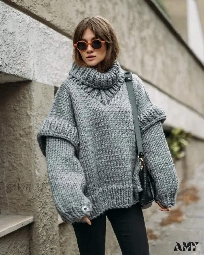 Oversize Knit Women Puffy Pullover Lantern Sleeve Warm Thick Stylish Cozy Casual Chic Sweater