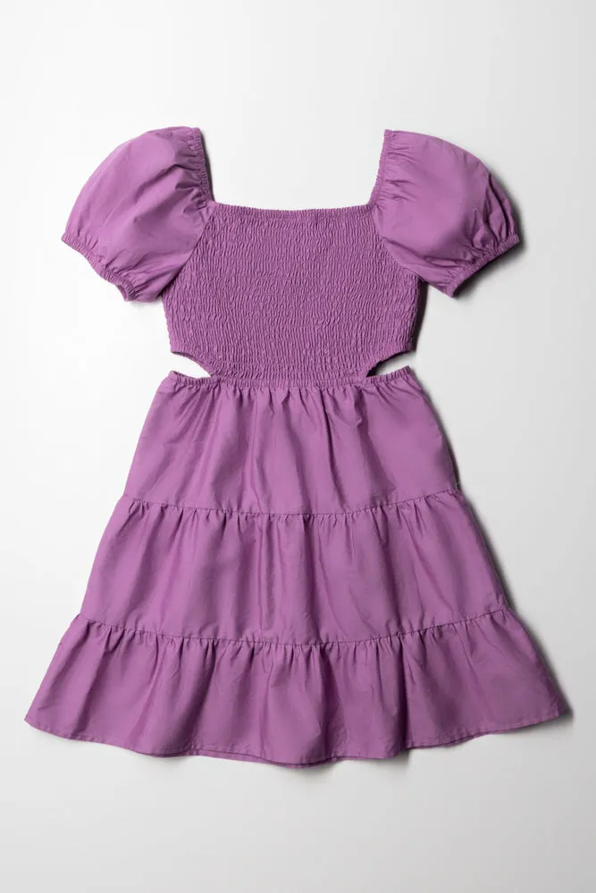 Puff Sleeve Cut Out Dress Mulberry