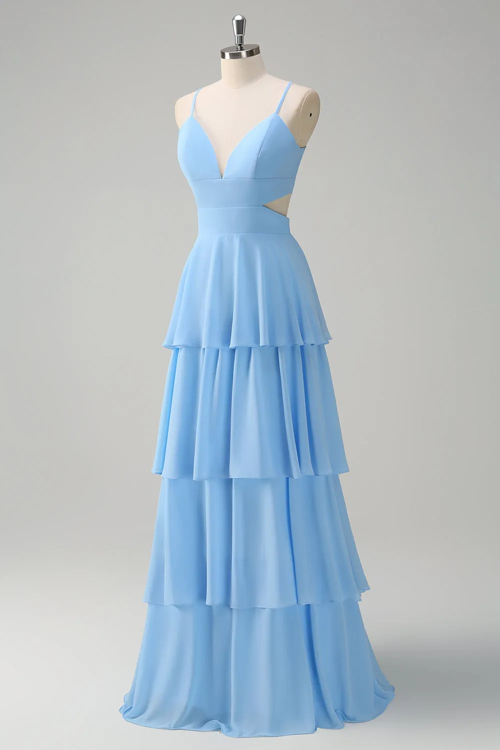 Sky Blue A Line Hollow Out Tiered Chiffon Bridesmaid Dress