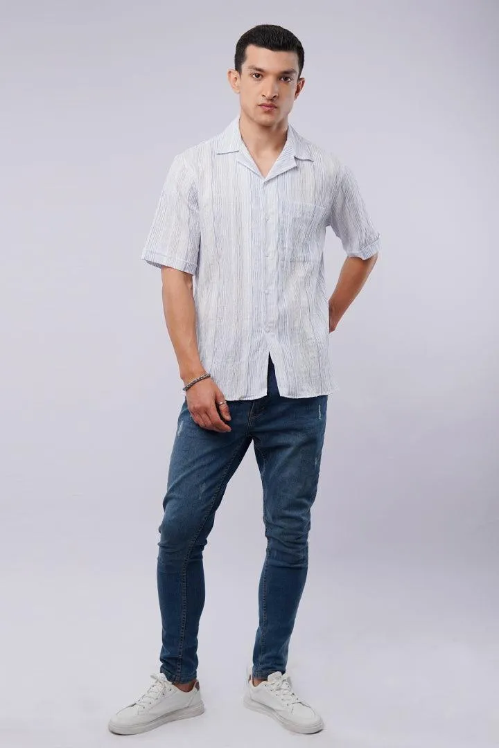 Striped Texture Cuban Shirt - Blue & White