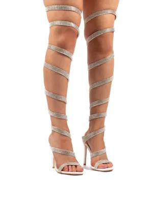 Stunner Diamante White Thigh High Wrap Around High Heels