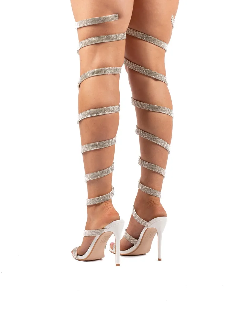 Stunner Diamante White Thigh High Wrap Around High Heels