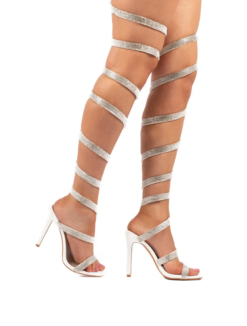 Stunner Diamante White Thigh High Wrap Around High Heels