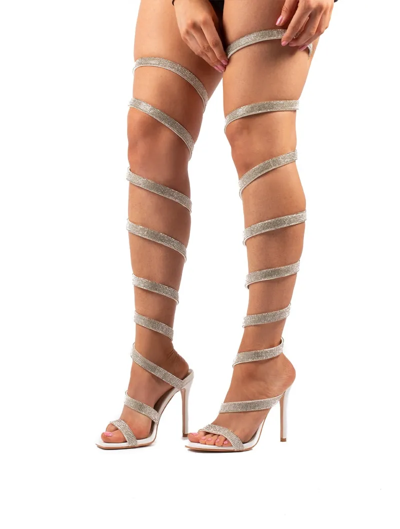 Stunner Diamante White Thigh High Wrap Around High Heels