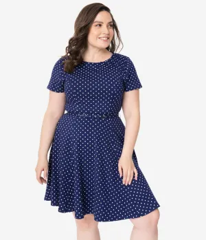 Unique Vintage Plus Size Navy & White Pin Dot Short Sleeve Stephanie Fit & Flare Dress