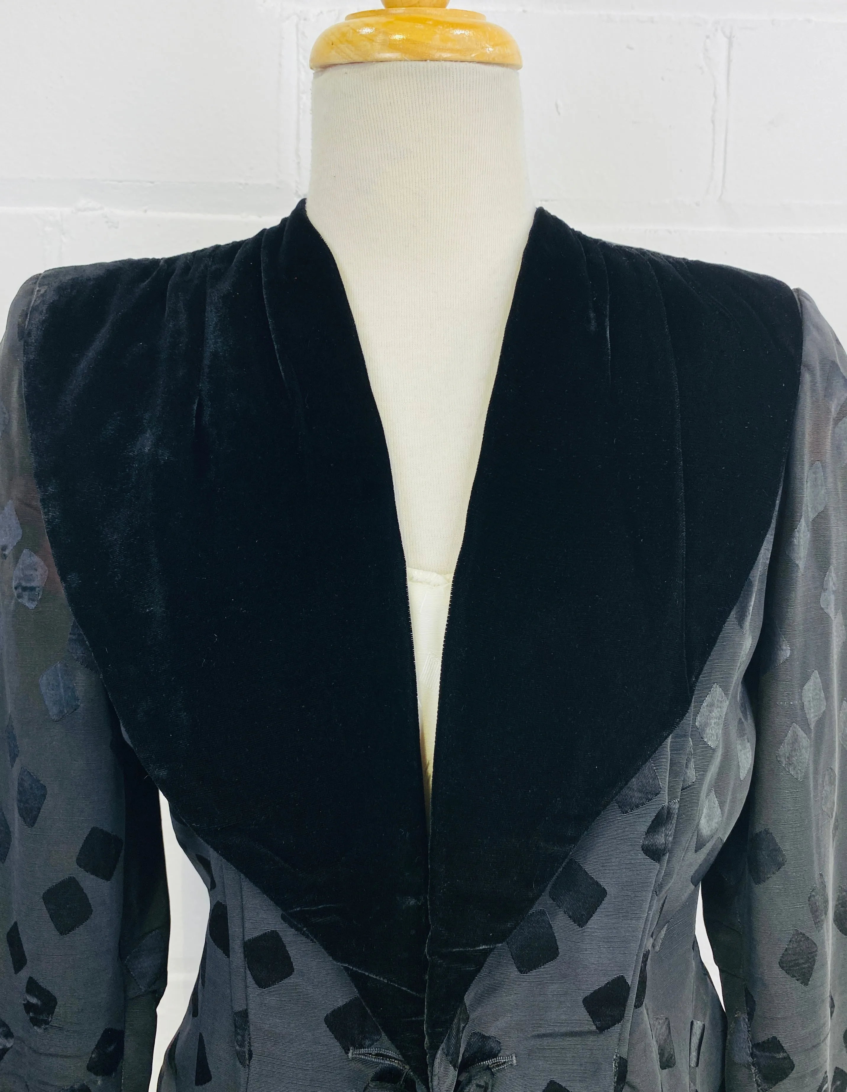 Vintage 1940s Black Jacquard Blazer, Velvet Shawl Collar, Medium