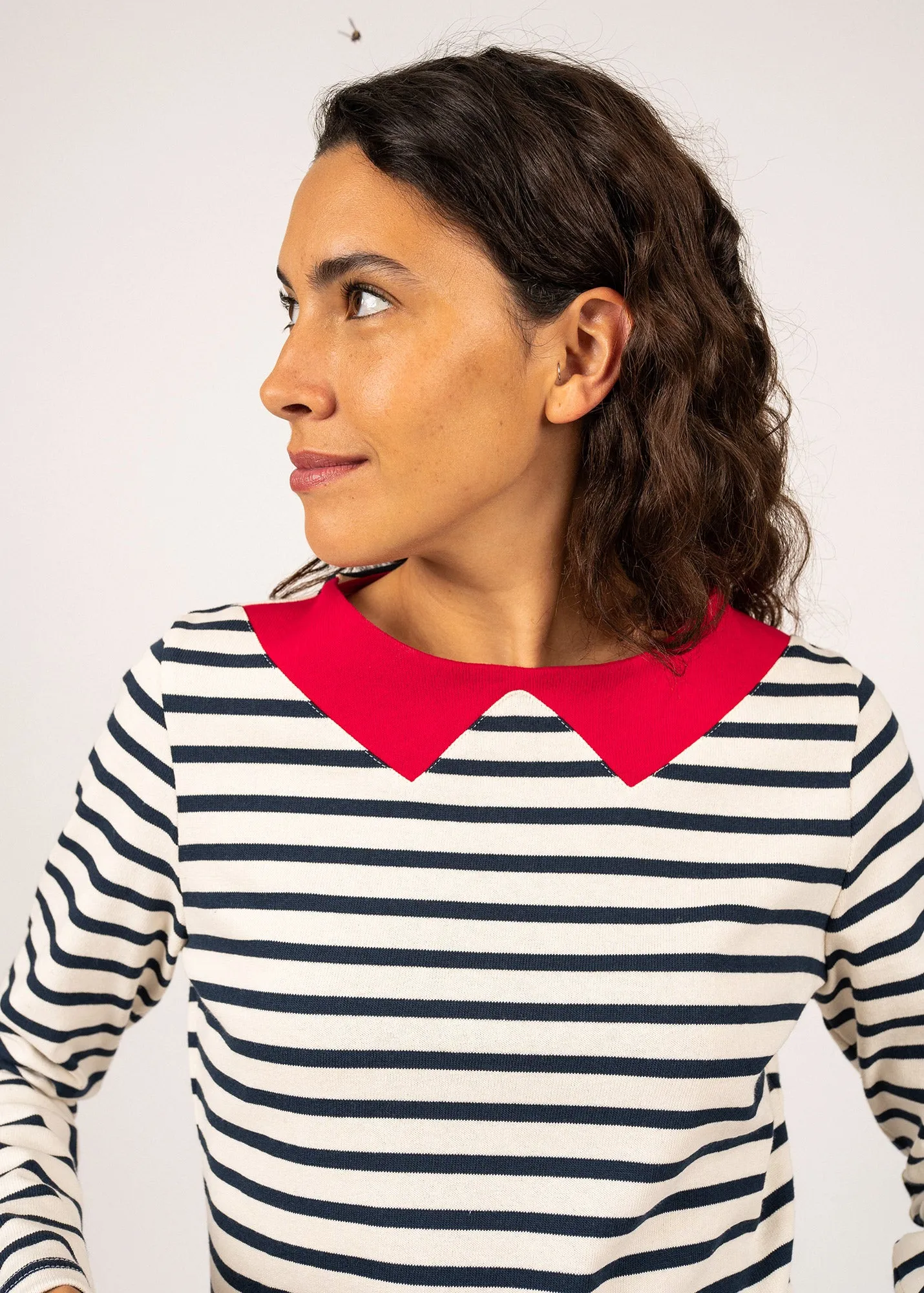 Vire sailor striped shirt with a contrasting collar - in thick cotton jersey (ECRU/MARINE/TULIPE)