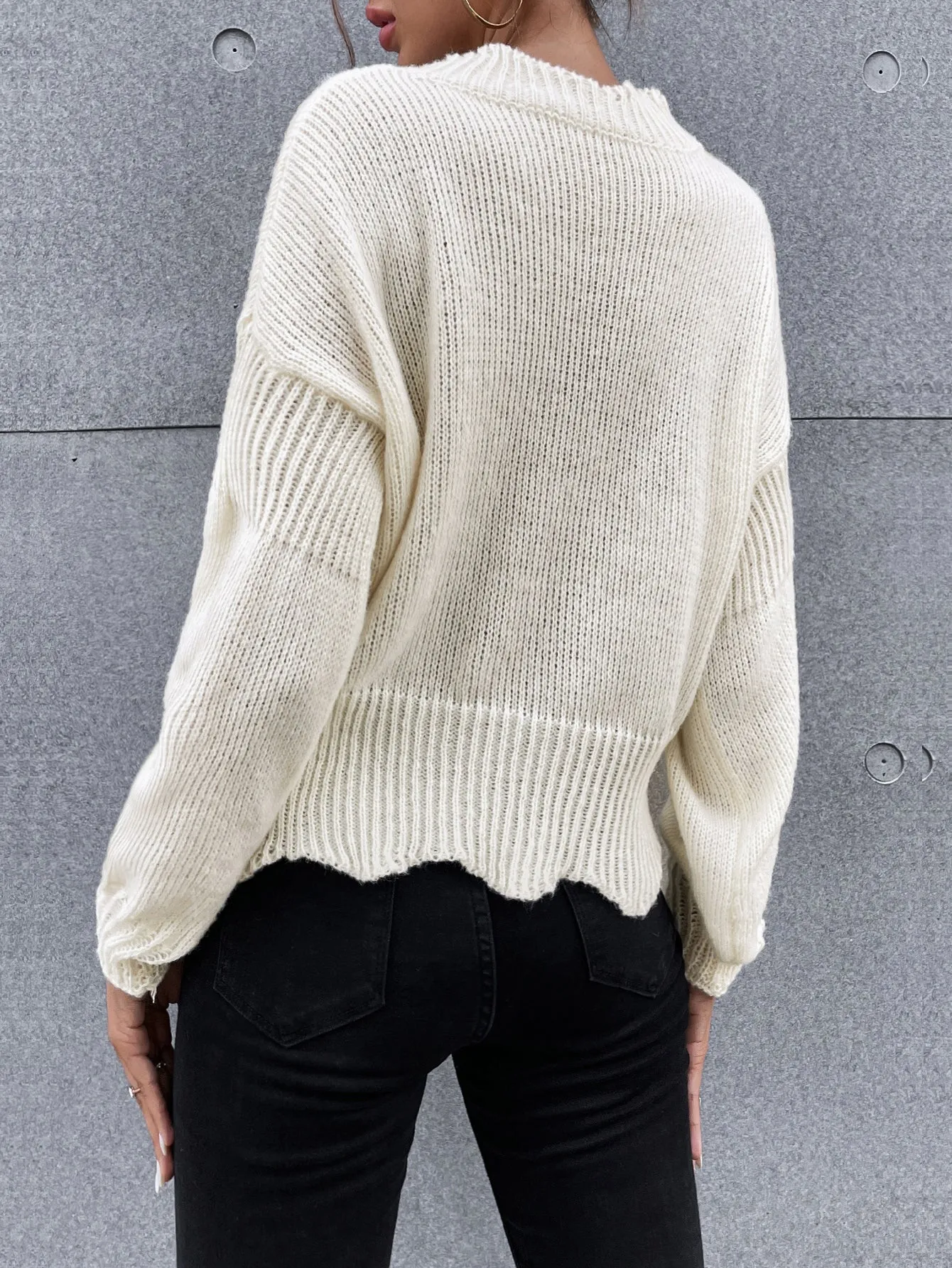 Wave Cutting Button Front White Knitted Sweater MYLU3102BA