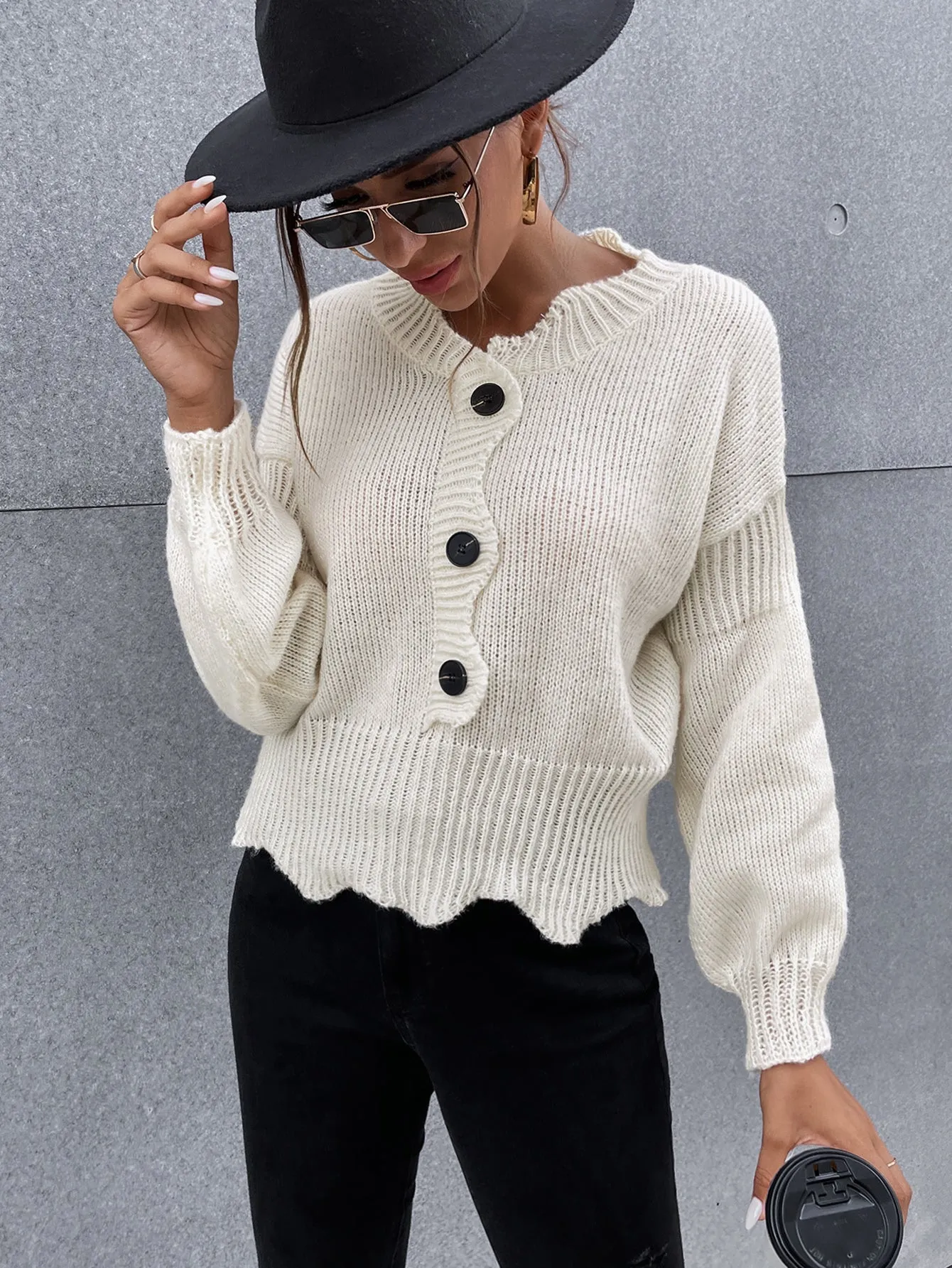 Wave Cutting Button Front White Knitted Sweater MYLU3102BA