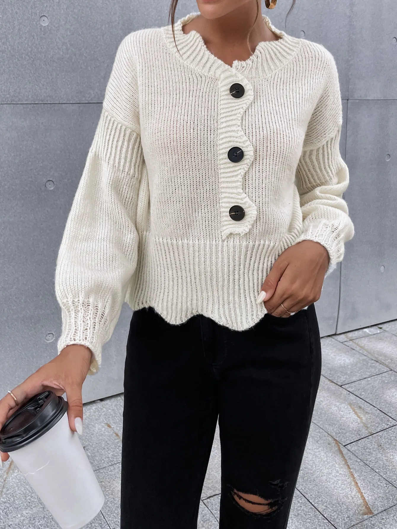 Wave Cutting Button Front White Knitted Sweater MYLU3102BA