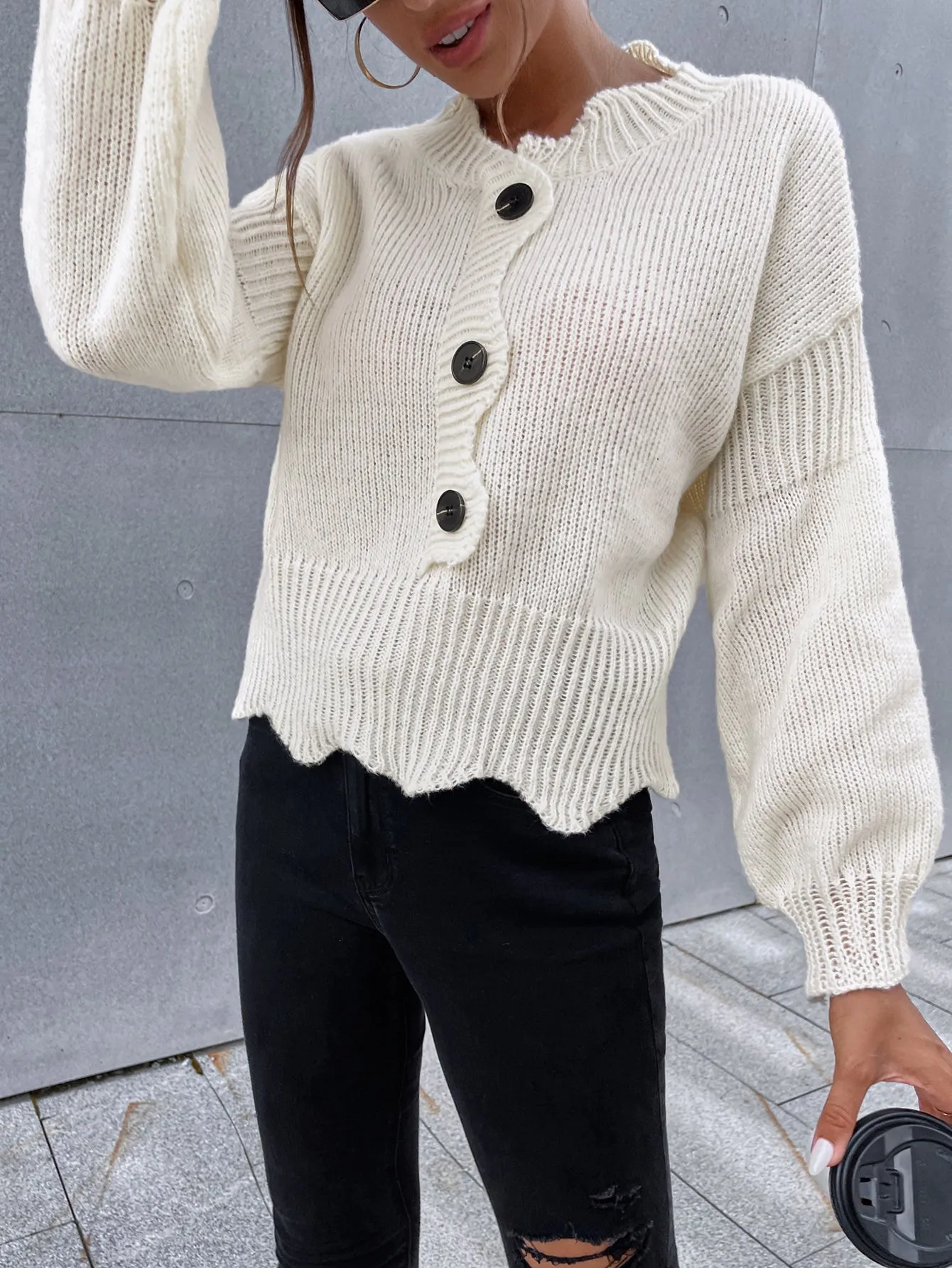 Wave Cutting Button Front White Knitted Sweater MYLU3102BA