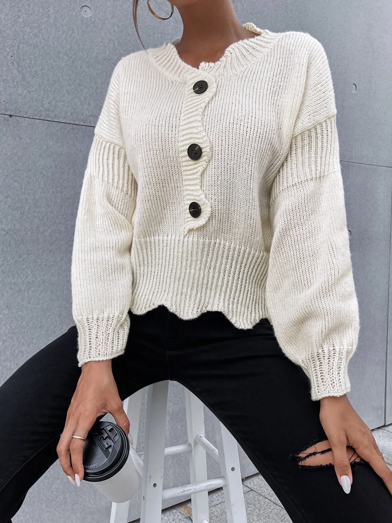 Wave Cutting Button Front White Knitted Sweater MYLU3102BA