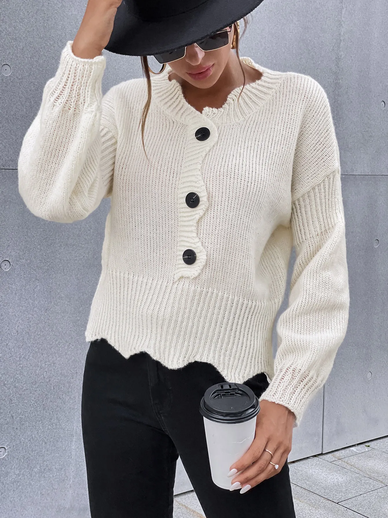 Wave Cutting Button Front White Knitted Sweater MYLU3102BA