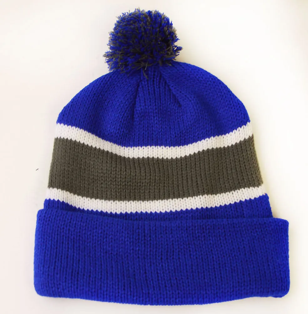 Winter Striped Beanie with Pom - Blue/Grey