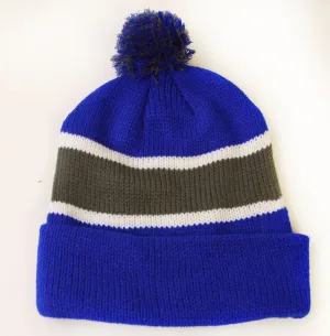 Winter Striped Beanie with Pom - Blue/Grey