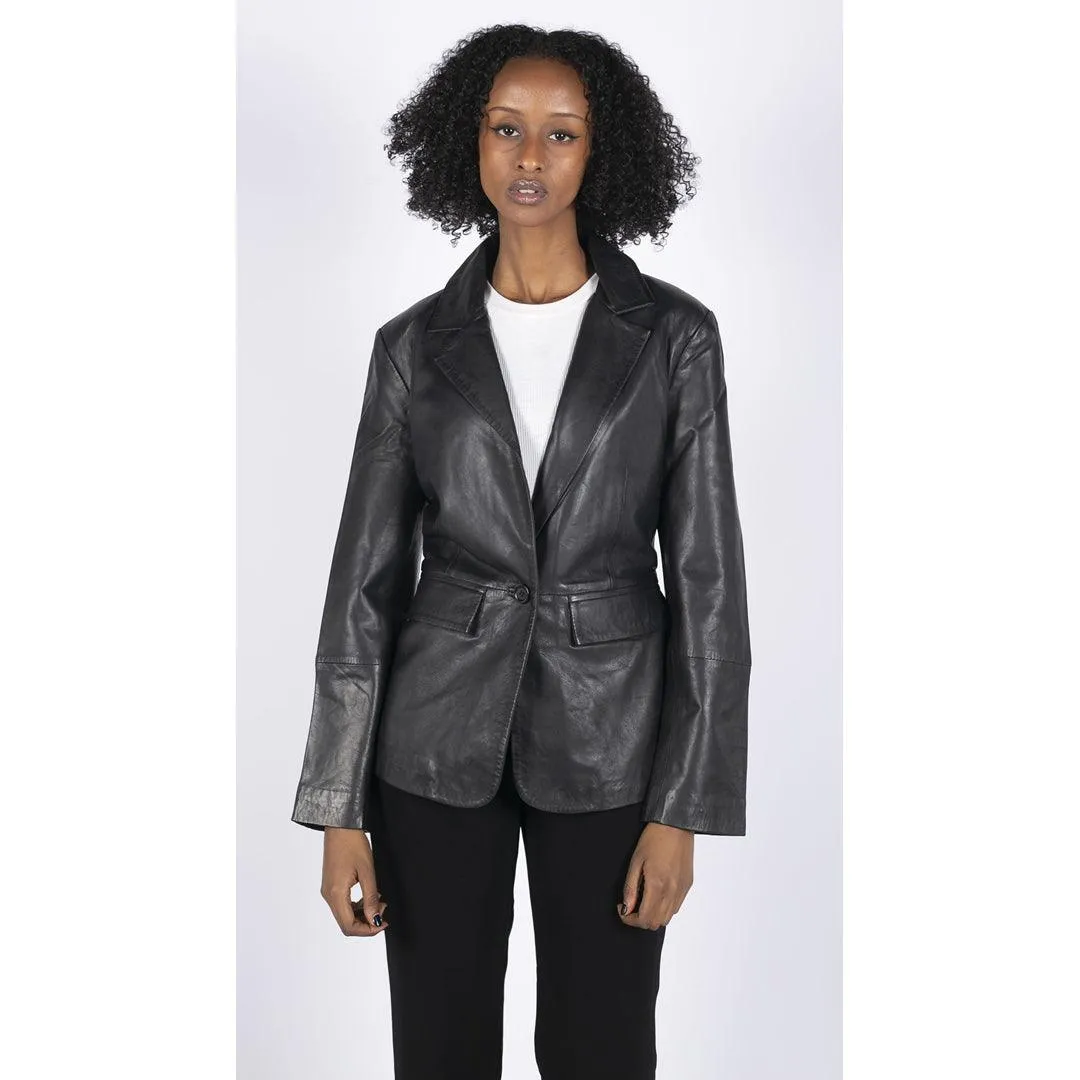 Womens Real Leather Blazer Jacket Short 1 Buton Brown Tan Black Classic Retro