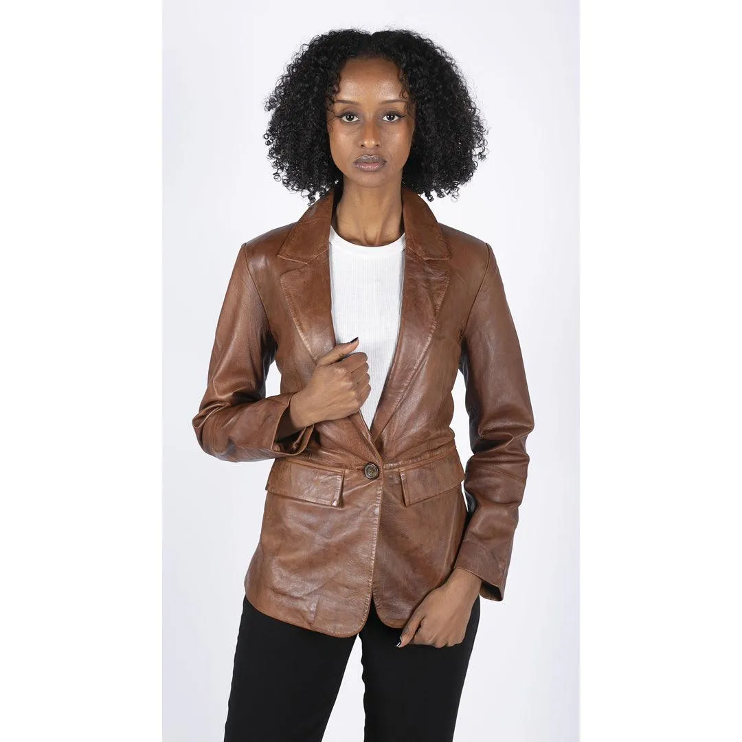 Womens Real Leather Blazer Jacket Short 1 Buton Brown Tan Black Classic Retro