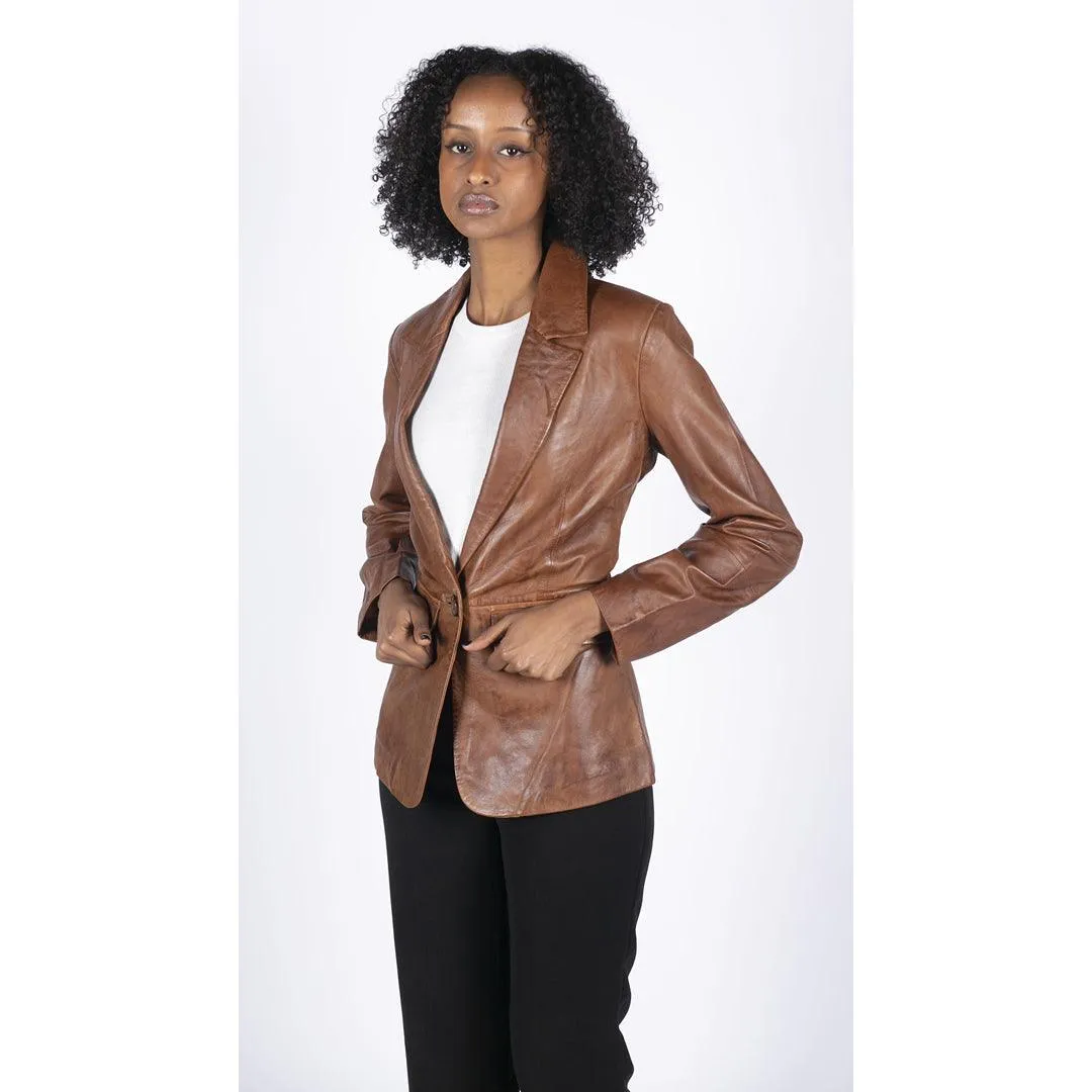 Womens Real Leather Blazer Jacket Short 1 Buton Brown Tan Black Classic Retro