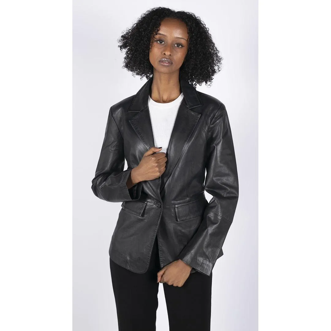 Womens Real Leather Blazer Jacket Short 1 Buton Brown Tan Black Classic Retro