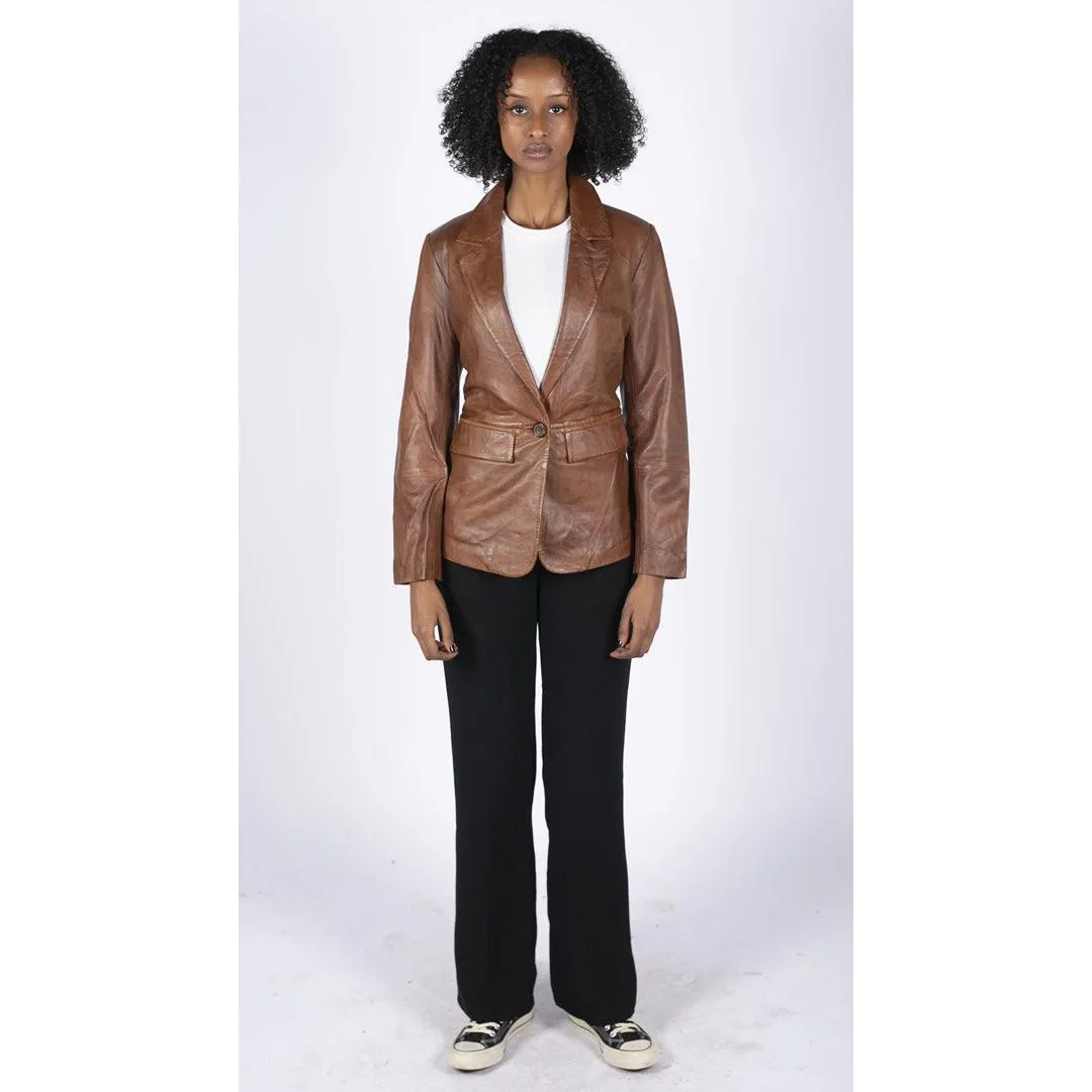 Womens Real Leather Blazer Jacket Short 1 Buton Brown Tan Black Classic Retro