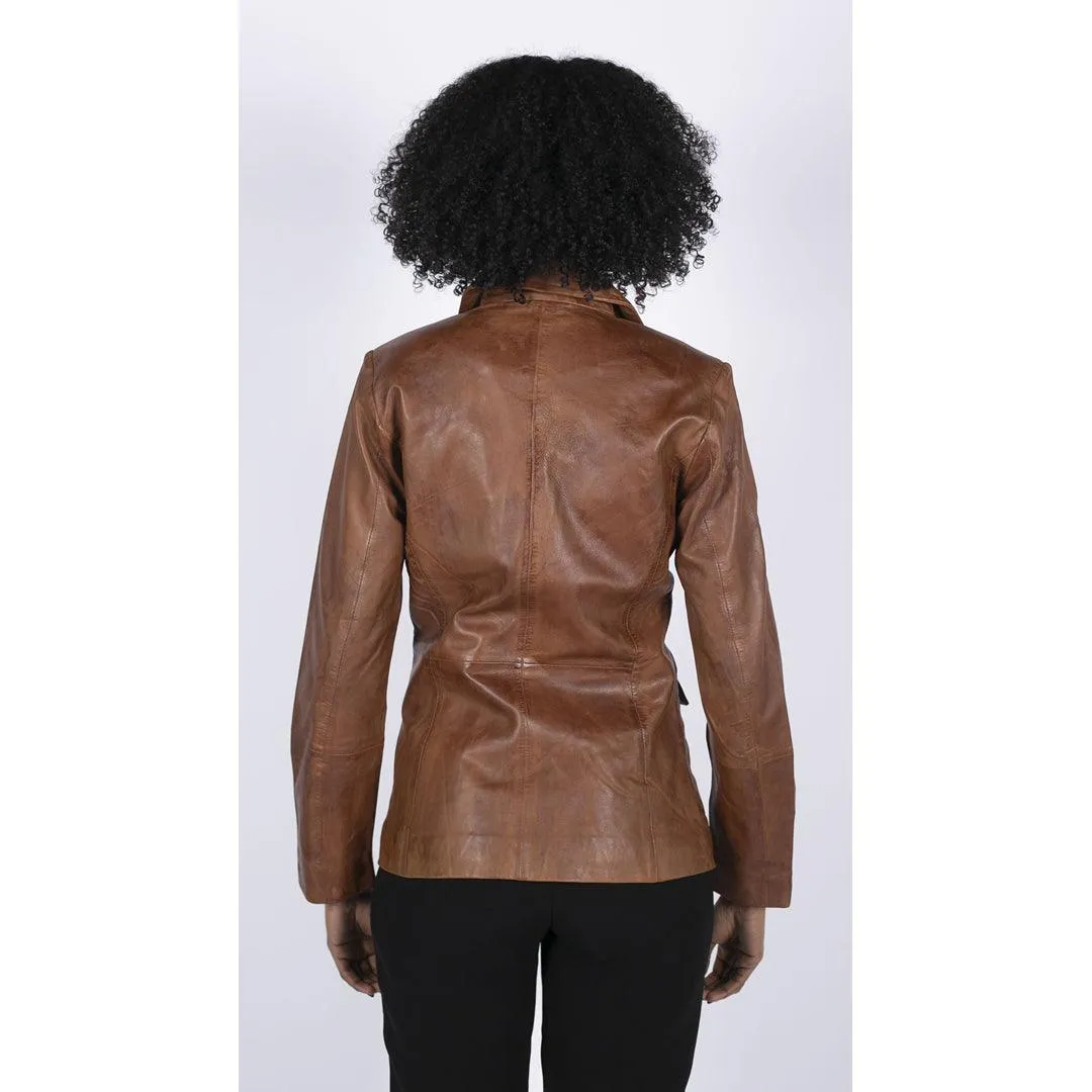 Womens Real Leather Blazer Jacket Short 1 Buton Brown Tan Black Classic Retro