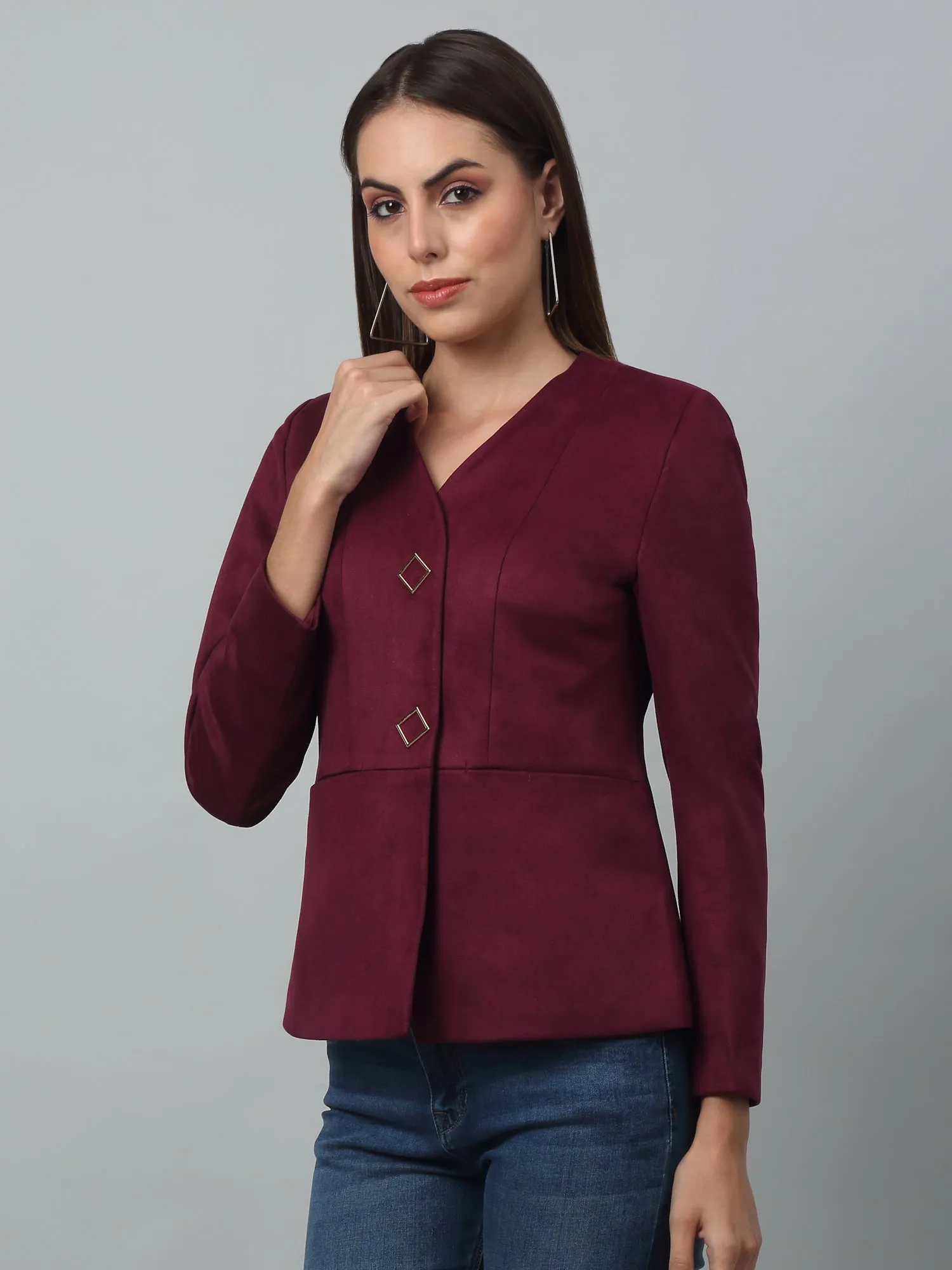 Women's   Wine Single breasted  V neck Blazer