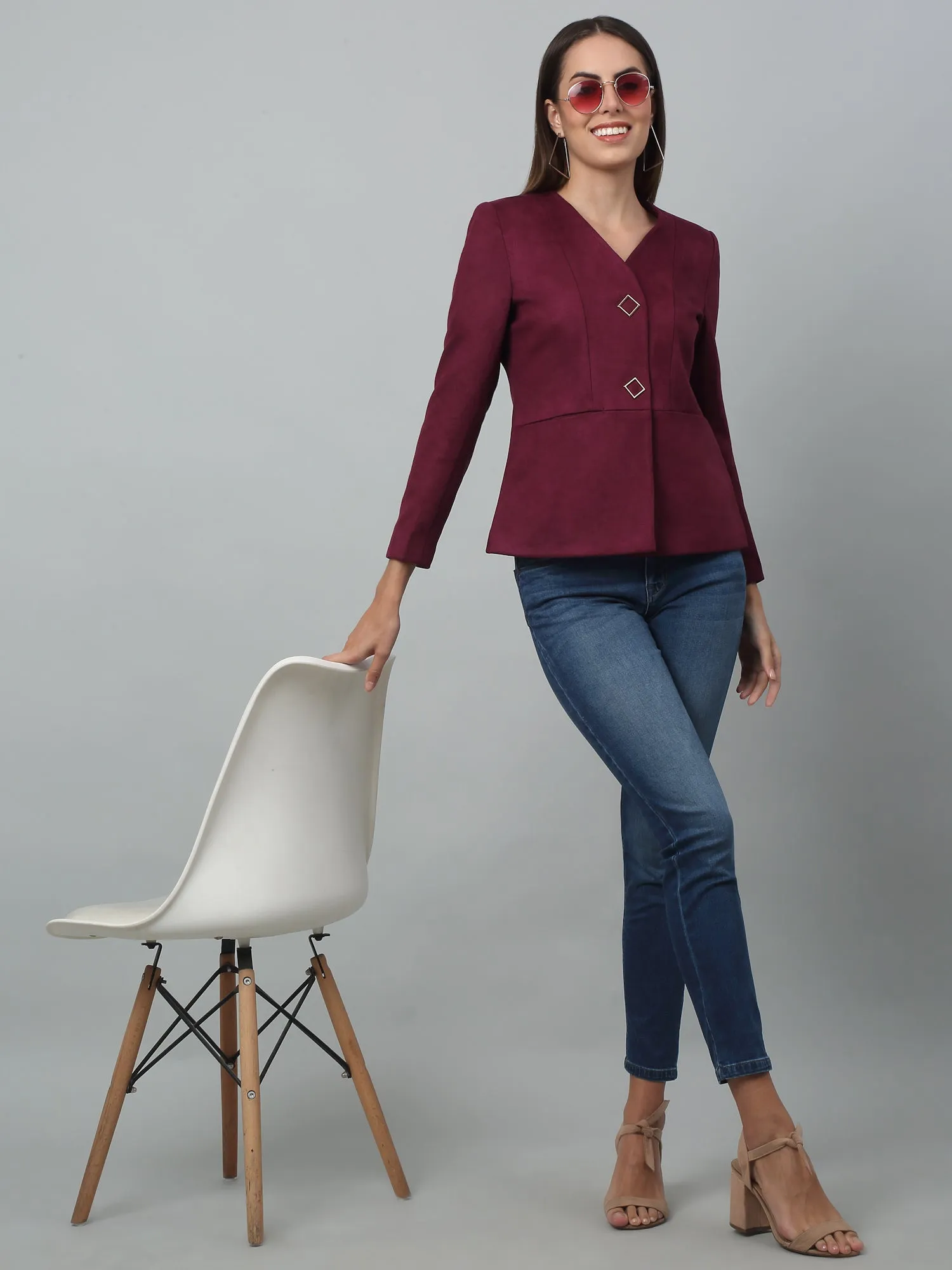 Women's   Wine Single breasted  V neck Blazer